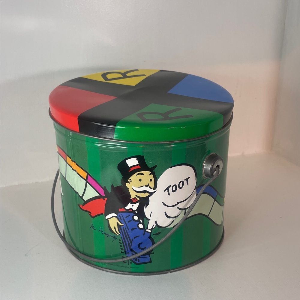 2000 Hasbro Monopoly Tin Pail w/Lid and Handle